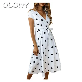 

2019 OLONY Casual V-neck Print Lace summer Dress Female befree