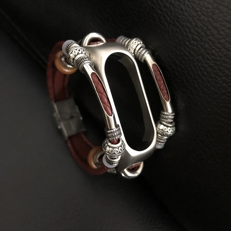 Браслет Для Xiaomi Band 2 ретро браслет из натуральной кожи с бусинами для Mi 3 ремешок