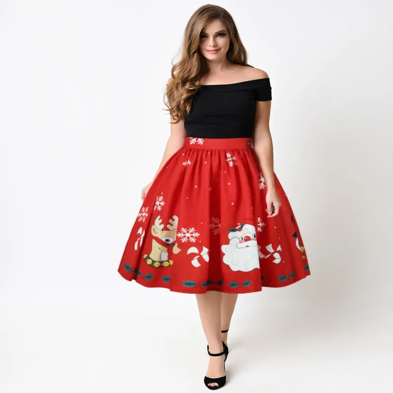 Women High Waist Christmas Decoration Pattern Vintage Skirt Party Skirt A Line Mini Red Skirts