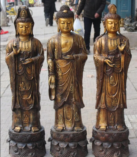 

xd 001768 48" Chinese Bronze Gilt Western Shakyamuni Kwan-yin Guan Yin 3 God Set Statue