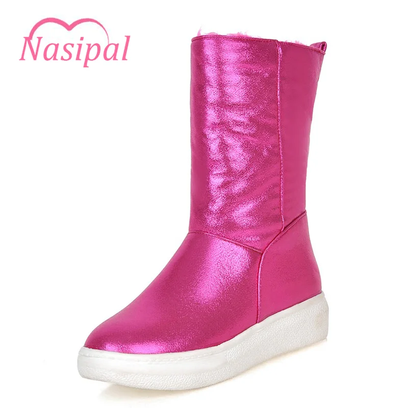 

Nasipal Winter Snow Boots Woman Flat With Heels Round Toe Mid-Calf Women Boots Bling Slip-on Snow Warm Casual Shoes Girls C116