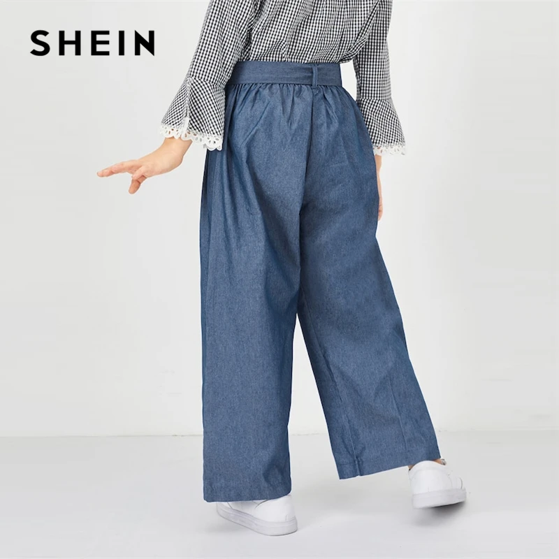 SHEIN Kiddie Blue/Элегантные штаны с эластичной резинкой на талии и поясом для девочек; коллекция года; сезон весна; Модные Винтажные брюки; брюки для девочек; детская одежда