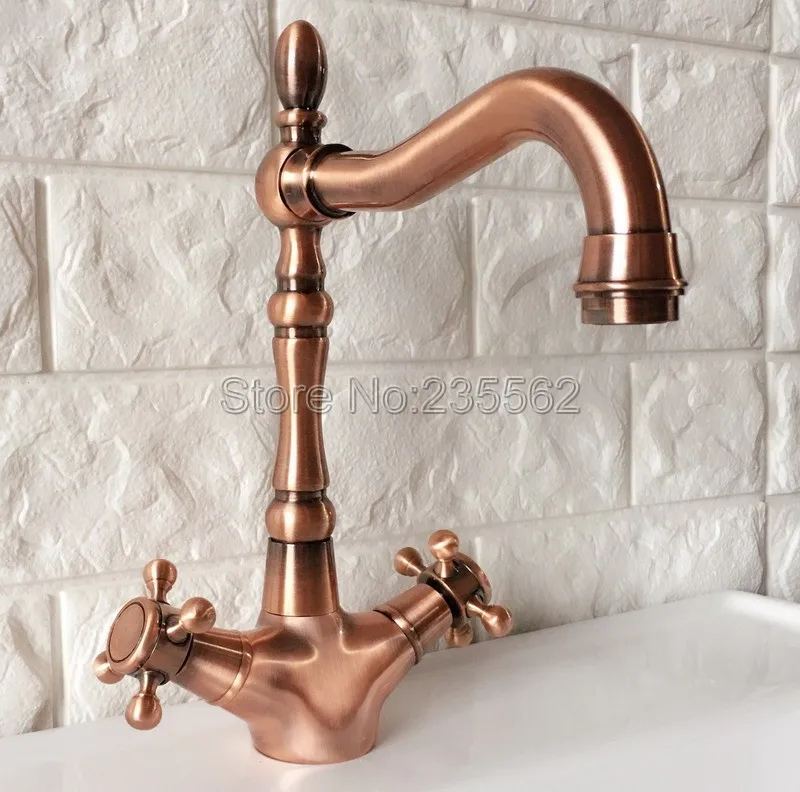 Swivel Spout Antique Red Copper Bathroom Faucet Deck Mounted Dual