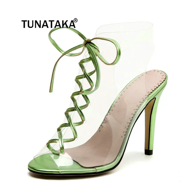 

Women Sexy Thin High Heel Lace Up Transparent Sandals Fashion Cross Tied Dress Summer Shoes Green Red