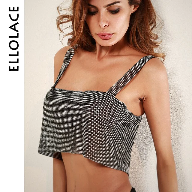 Ellolace Rhinestone Tank Tops Sheer Gold Metallic Straps Chainmail Sexy