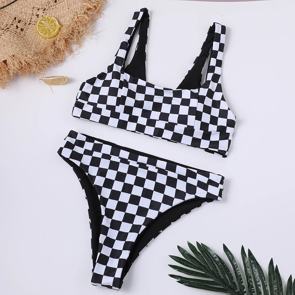 

High Waist Women Bikini Set 2019 Retro Plaid Printed Swimwear Turtleneck Swimsuit Sexy Bathing Suit Women Biquini Traje De Bano