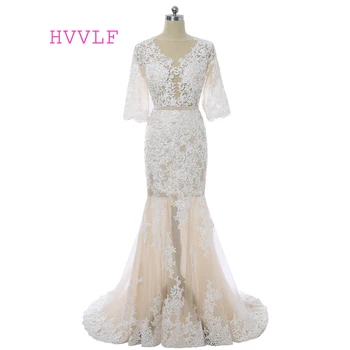 

Champagne Evening Dresses Mermaid Half Sleeves See Through Lace Women Long Evening Gown Prom Dresses Robe De Soiree
