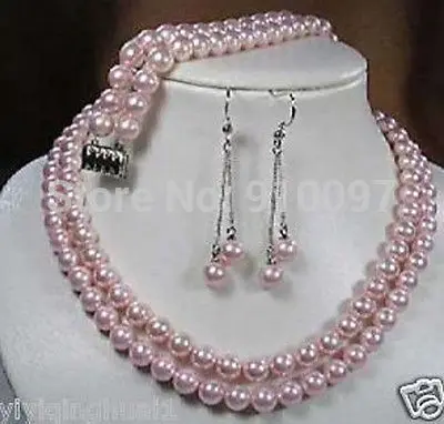

LHX54013>>>>>>2 row Pink 8mm shell pearl necklace bracelet earring set