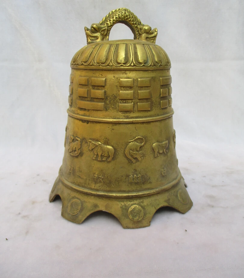 

Collectible Tibet Brass Carved 12 animals Buddhism Bell Sculpture /Antique Dragon Bell From Tibet Temple