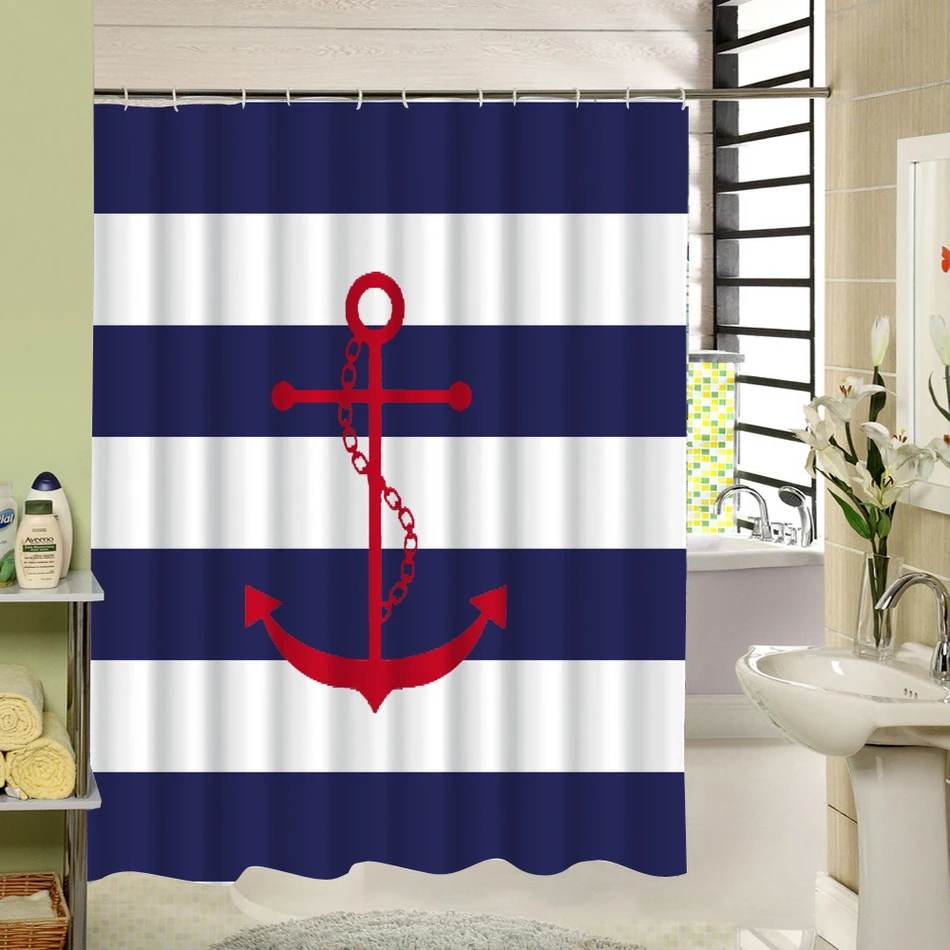 

Custom Stripe Shower Curtain Zigzag Anchor Waterproof Eco-Friendly Fabric Bath Curtain with Rings for Home Nautical Decor
