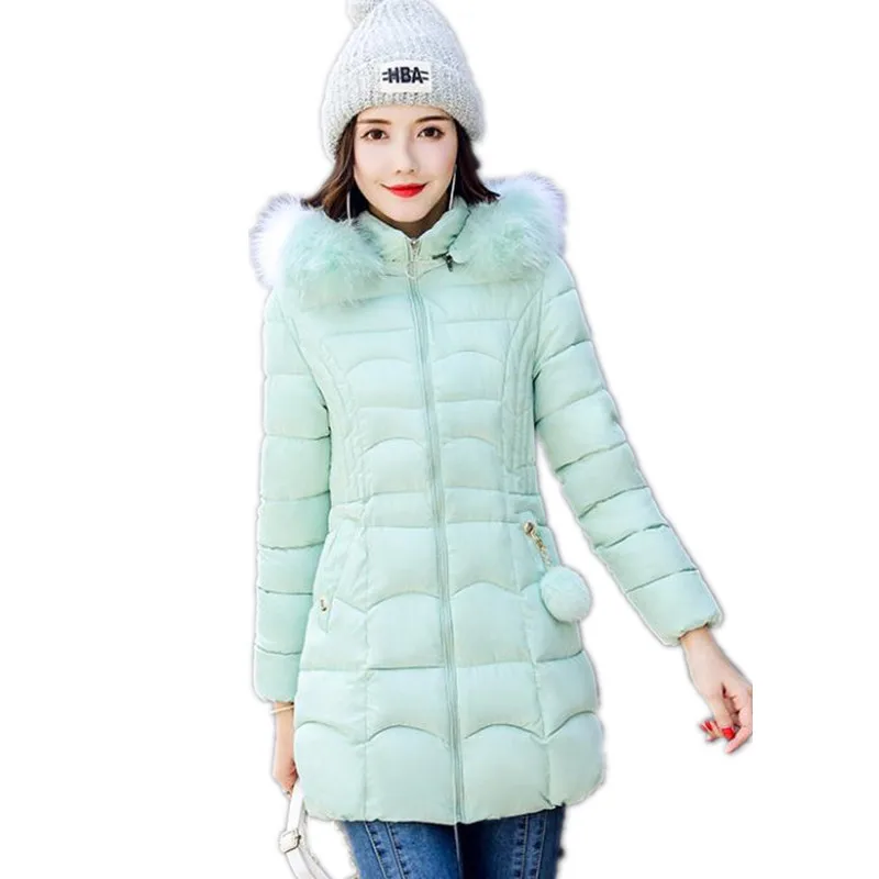 

New Hooded Colorful Fur Collar Winter Down Cotton Jacket 2019Fashion Medium-Long Women Parkas Plus Size 3XL Padded Warm CQ2286