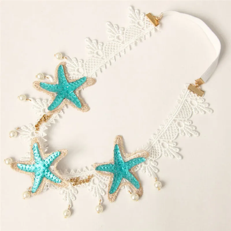 

1PC Handmade Lace Artificial Flowers Starfish Hemp Twine Nature Shell Hairbands Women Headband Hair Jewelry size: 6 x 5.5 cm