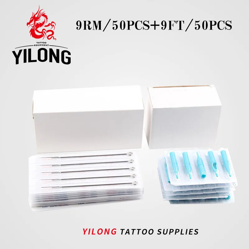 YILONG (9RM+9FT) 50 PCS Disposable Sterile Tattoo Needle+50PCS Blue