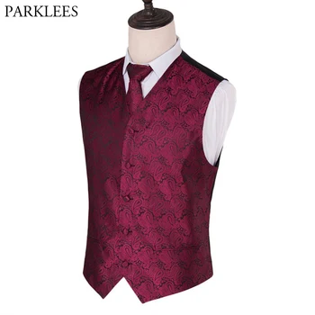 

Mens 3 Piece Set Suit Vest Wine Red Paisley Jacquard Wedding Dress Waistcoat Neck Tie Pocket Square Singer Gilet Costume Homme
