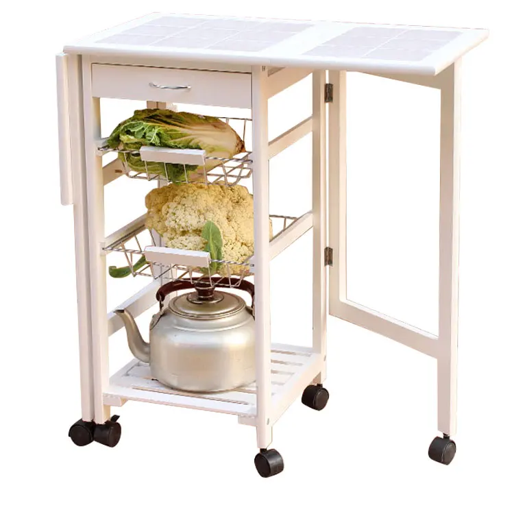 Portable Folding Kitchen Rolling Tile Top Drop Leaf Storage Multifouction Kitchen Cart Folding Dining Table for Outdoor BBQ