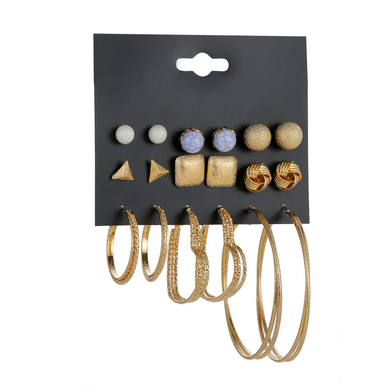 

9Pairs/Lot Punk Fashion Hoop Earrings Set For Women Statement Scrub Ball Triangle Square Twist Cracked Bead Heart Loop Earring