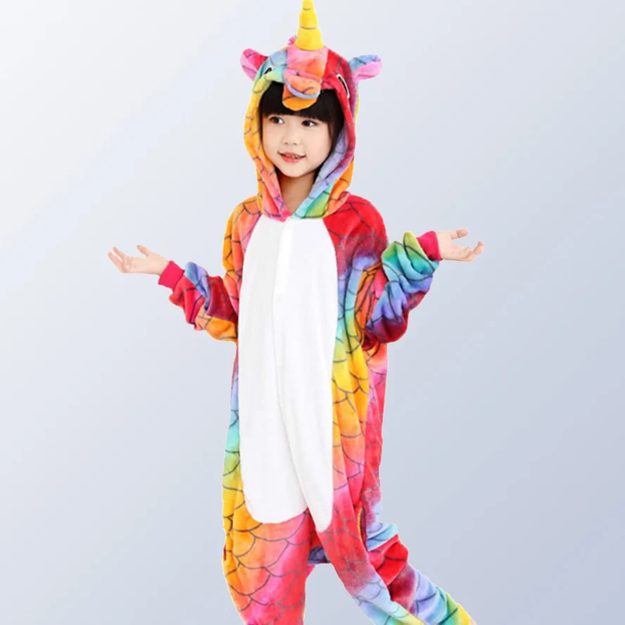 2019 New Flannel Animal Unicorn Children Boys Girls Pajamas Hooded Kids Sleepwear Cartoon Cosplay Onesies for 3 - 12 Years old