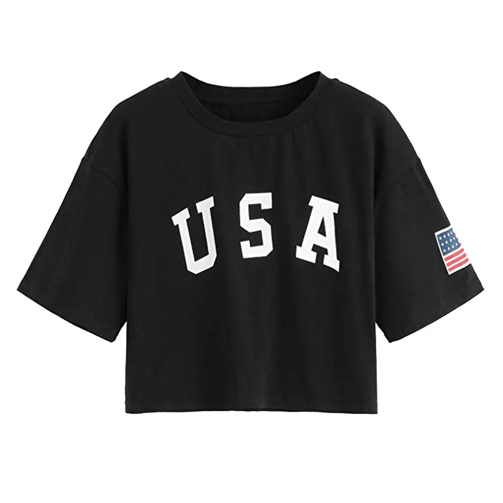 

T Shirt Women Summer Letter Flag USA Print Short Paragraph Casual Loose Crop Tops Short Sleeve T-Shirt roupas feminina