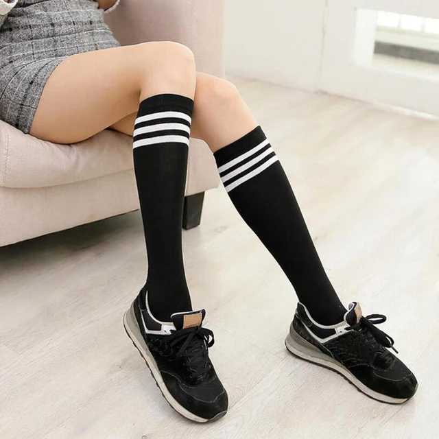 Girls Boys Knee High Socks Football Stripes Cotton School Soccer Boots
