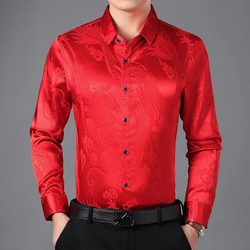 Темно-синяя гладкая шелковая атласная рубашка для мужчин китайский дракон жаккард для мужчин s приталенная рубашка с длинным рукавом на пуговицах Рубашка 4XL