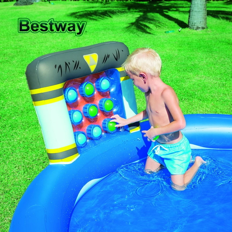 53057 Bestway 231x193x150 см надувной пластиковый Playpool с распылителем, слайд, корзина, мягкий пол 91 "x 76" x 59 "детский бассейн