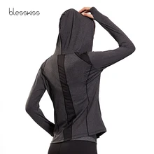 BLESSKISS, быстросохнущая женская рубашка с капюшоном, для йоги, с длинным рукавом, спортивный топ, для фитнеса, для женщин, на молнии, для спортзала, рубашка для девушек, для бега, серая