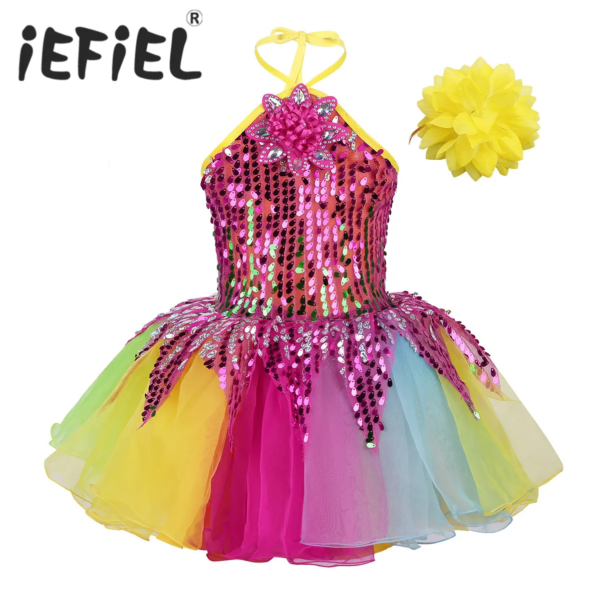 Детское танцевальное платье для девочек, яркое платье-пачка с блестками и объемным цветком, Набор браслетов для балета, выступлений на сцене