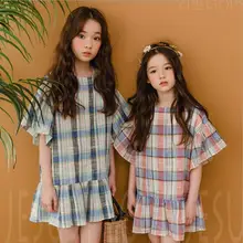 Платье в Корейском стиле с оборками для девочек хлопковые модные летние платья для девочек от 4 до 9 лет B632