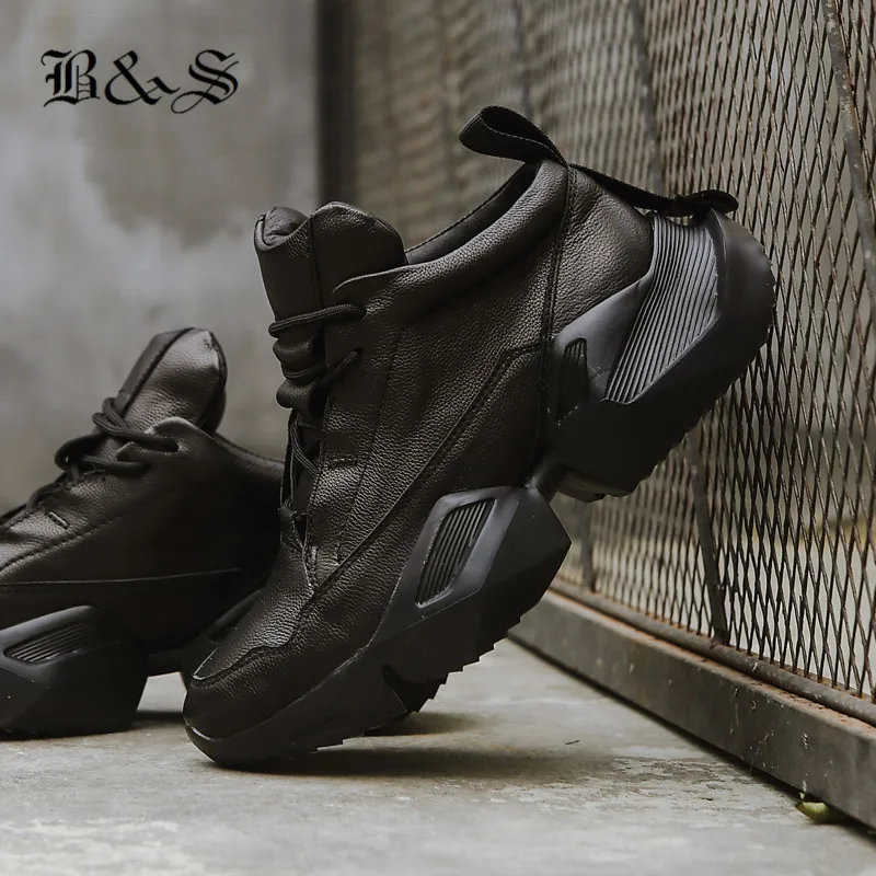 Черные и уличные мужские ботинки для тренировок из коровьей кожи ручной работы на толстой платформе Новые легкие кроссовки на шнуровке