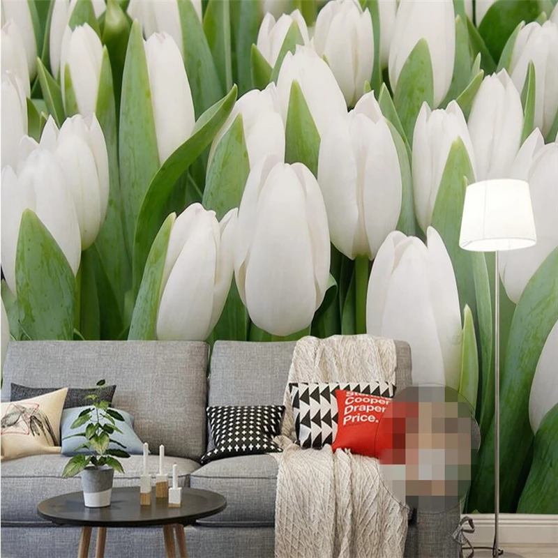 Custom Photo Wallpaper Mural Wall Sticker White Tulip Flower Sea Flower Field FLORAL GREEN BACKGROUND papel de parede