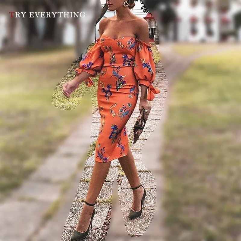 

Bodycon Sexy Party Dress Women Summer 2019 Off Shoulder Orange Floral Dress Ruffles Ladies Slash Neck Split Midi Dress For Women