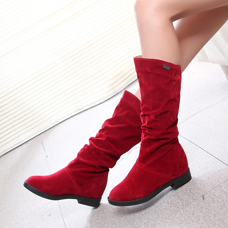 Autumn Winter Women's Boots Matte Flock Boots For Female Ladies Height Increased Low Heel Shoes Woman Mid Calf High Boots