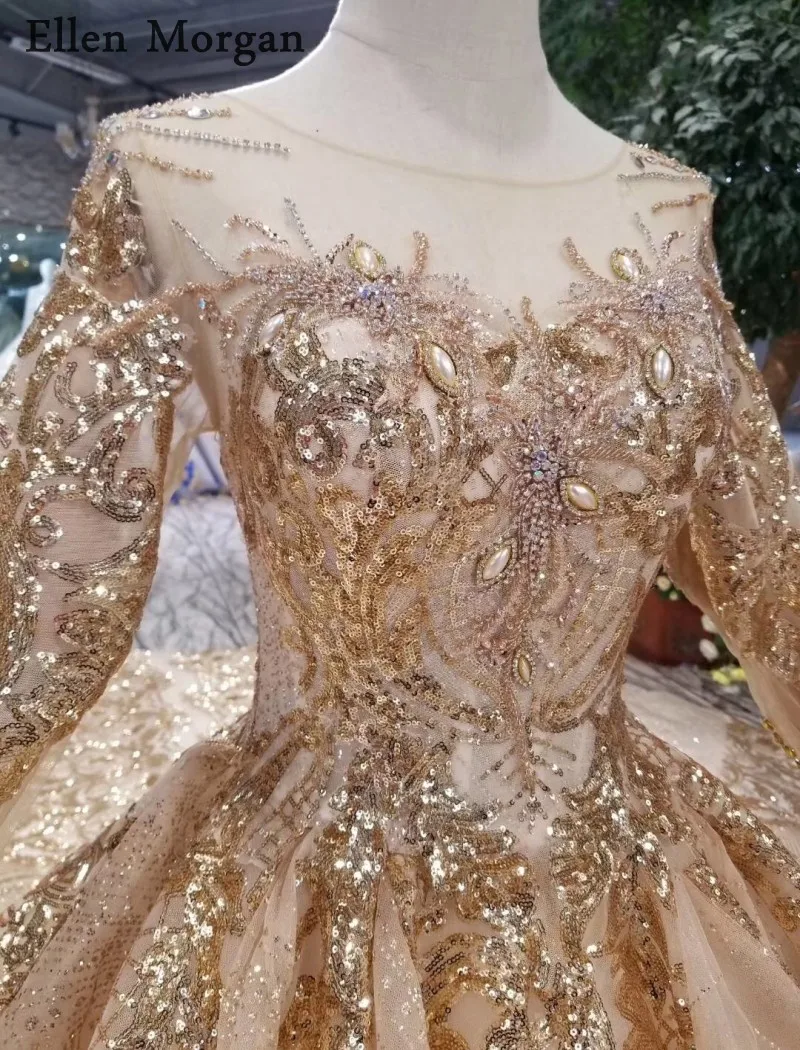 Золотые бальные платья свадебные платья 2019 вырез лодочкой на шнуровке узор Часовня Поезд Саудовская Аравия элегантные длинные рукава