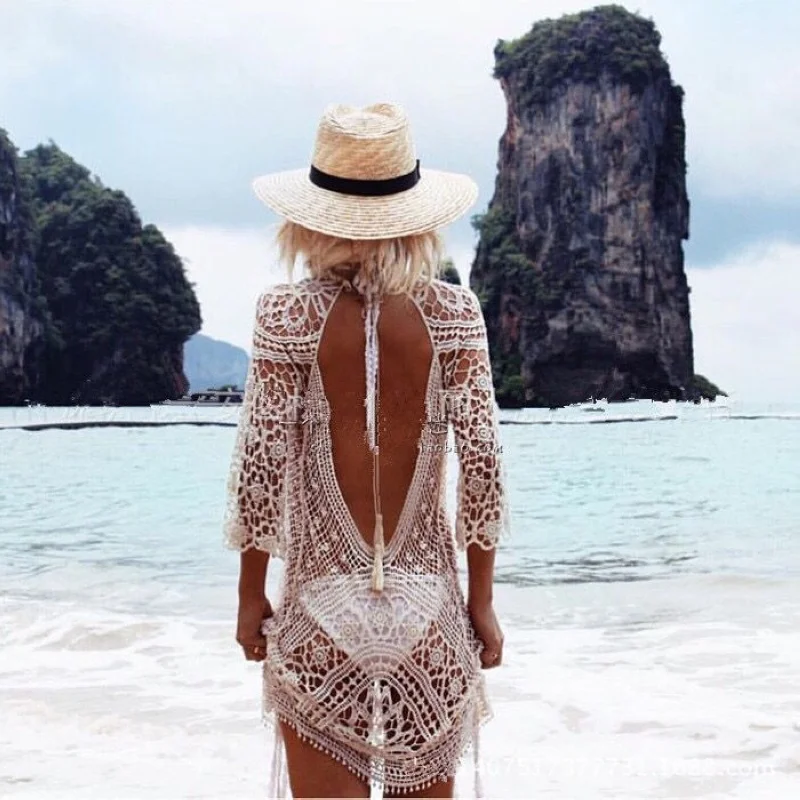 

Summer Ladies Bohemian Beach Sexy Spaghetti Strap Summer Dress Casual Seven-quarter Sleeve Backless Bow Lace Cover Dresses