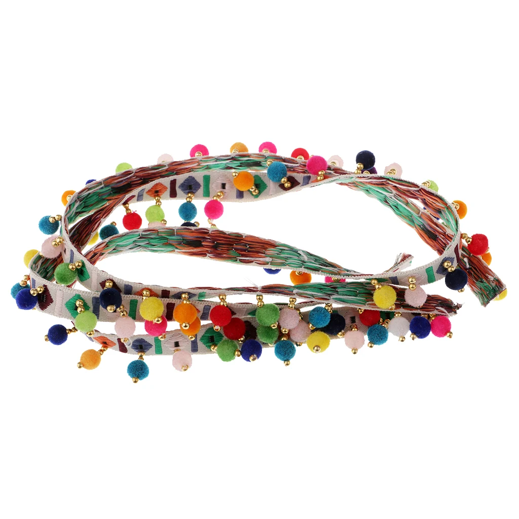 2Pcs Boho Colorful Pom Pom Ball Fringe Trim Ribbon for Designing Decorating Embroidery Clothing, 1 Yard