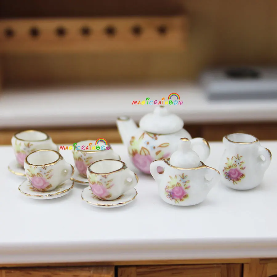 

1:12 Coffee Tea Set Cup Pot Dish Plates Teapot Porcelain Dollhouse Miniature 11 PCS Flowers White
