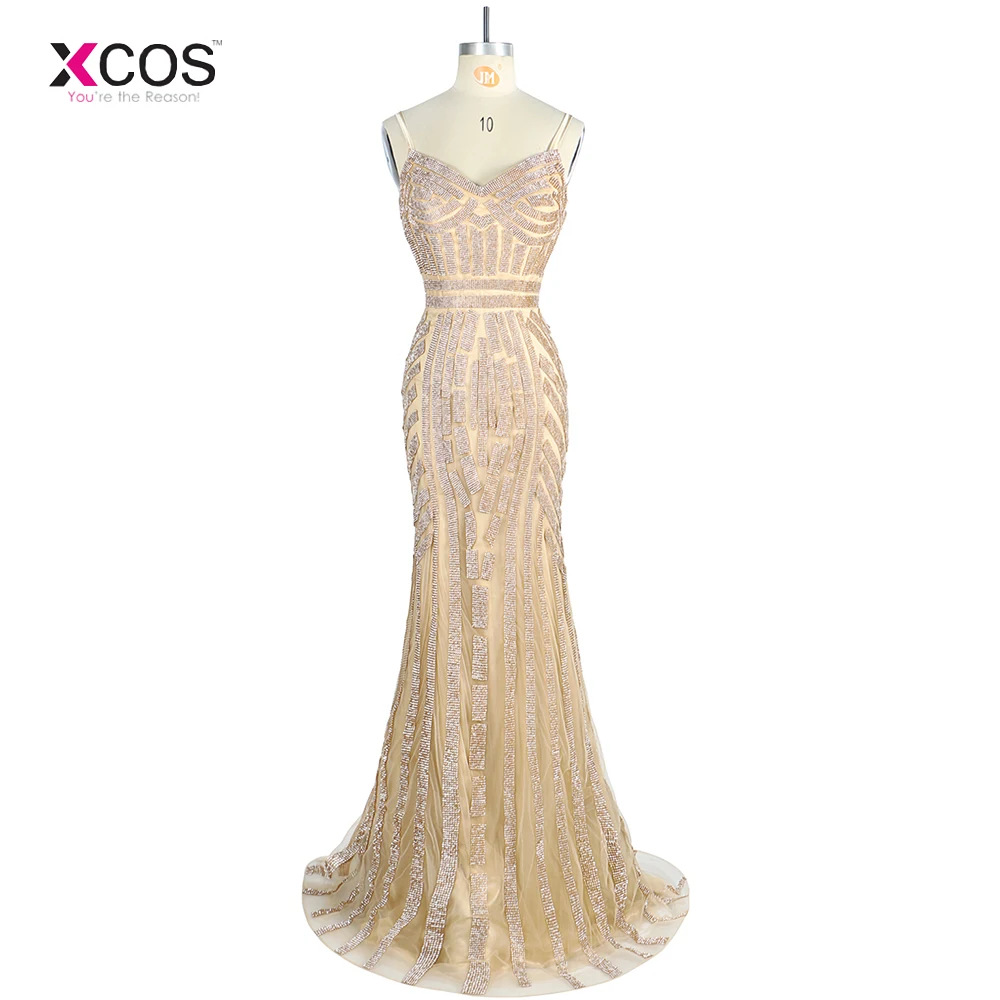 

Robe de Soiree Longue 2018 Luxury Straps Gold Evening Dress Mermaid Crystal Beaded Glitter Formal Dresses Long Evening Gowns