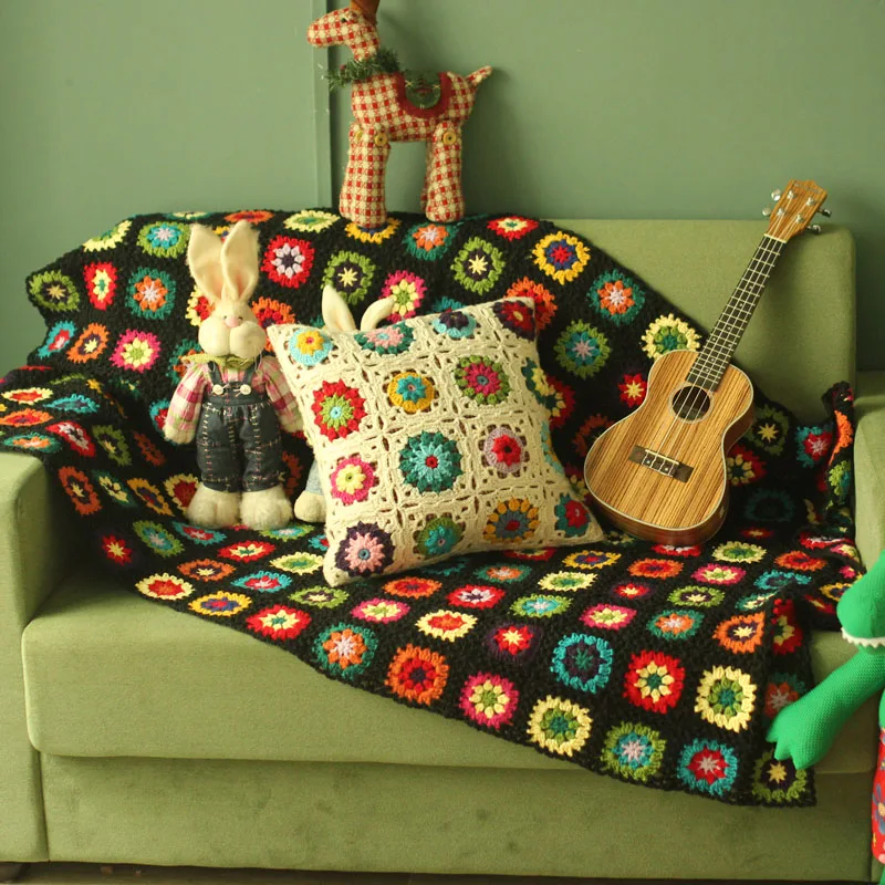 Handmade original Crochet afghan blanket Hand hooked crochet blanket cushion felt pastoral style granny square