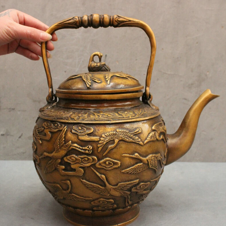 

S4911 12" Folk Chinese Bronze Bird Fly Crane Statue Handle Teapot Wine Pot Flagon D0318