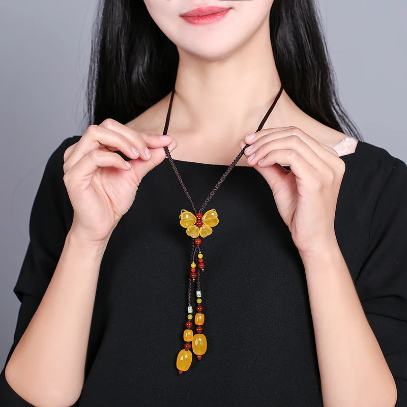 

pendant clothes necklace accessories fashion wild yellow sweater chain Clover pendant female winter