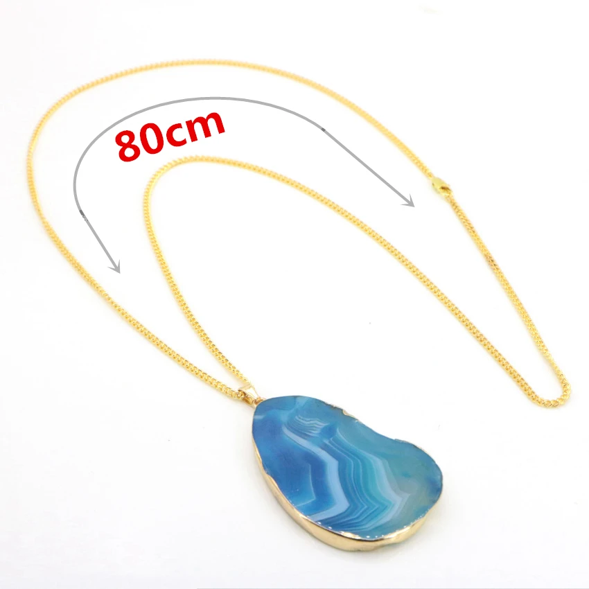 Natural blue agate pendant gold plated necklace (14)