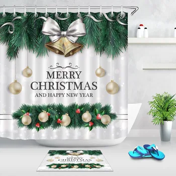

Fir Leaves Christmas Balls And Bell Shower Curtain Set White Bathroom Waterproof Eco-Friendly Polyester Fabric For Bathtub Decor