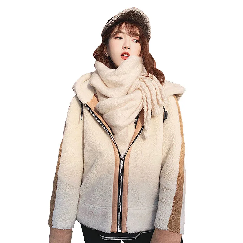 

2019 Winter Faux Suede Fur Jacket Women Hooded Lambswool Zipper Biker Coat Fashion Contrast Color Warm Hairy Jackets