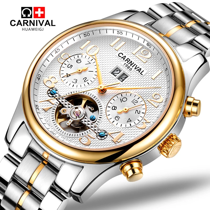 

Carnival tourbillon waterproof Watch Men silver Stainless steel Sapphire Automatic Mechanical date Watch relogio masculine