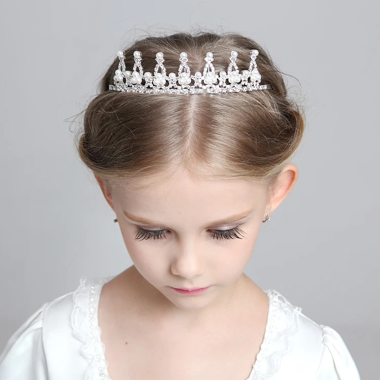 

White Imitation Pearls Princess Crown Tiara Flower Girls Tiara Hairbands Fashion Wedding Hair Jewelry Accessories