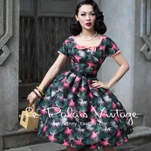 FREE SHIPPING Le Palais Vintage 2016 Summer New Bow O Neck Short Sleeve High Waist Printing Leaves Tutu Dress Women Vestidos