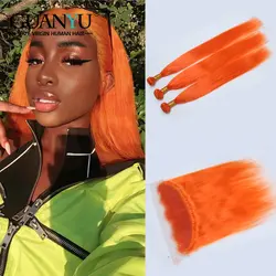 Guanyuhair чистый оранжевый Малайзийский Remy натуральные волосы Weave 3 Связки с фронтальной синтетическое закрытие волос уха до уха прямые