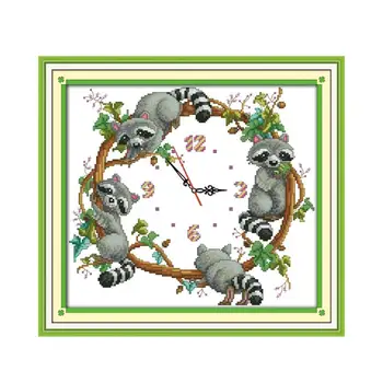 

New Arrival Joy Sunday DIY Wall Clock Cute Little Raccoons Cross Stitch Kit Needle Crafts Cross Stitch Kit Embroidery Needlework