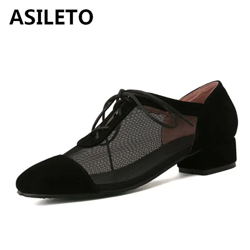 

ASILETO Big size 32-43 Square Toe shoes woman low Heels pumps Lace up Mesh Embroider cross-tie casual footwear hollow breathable