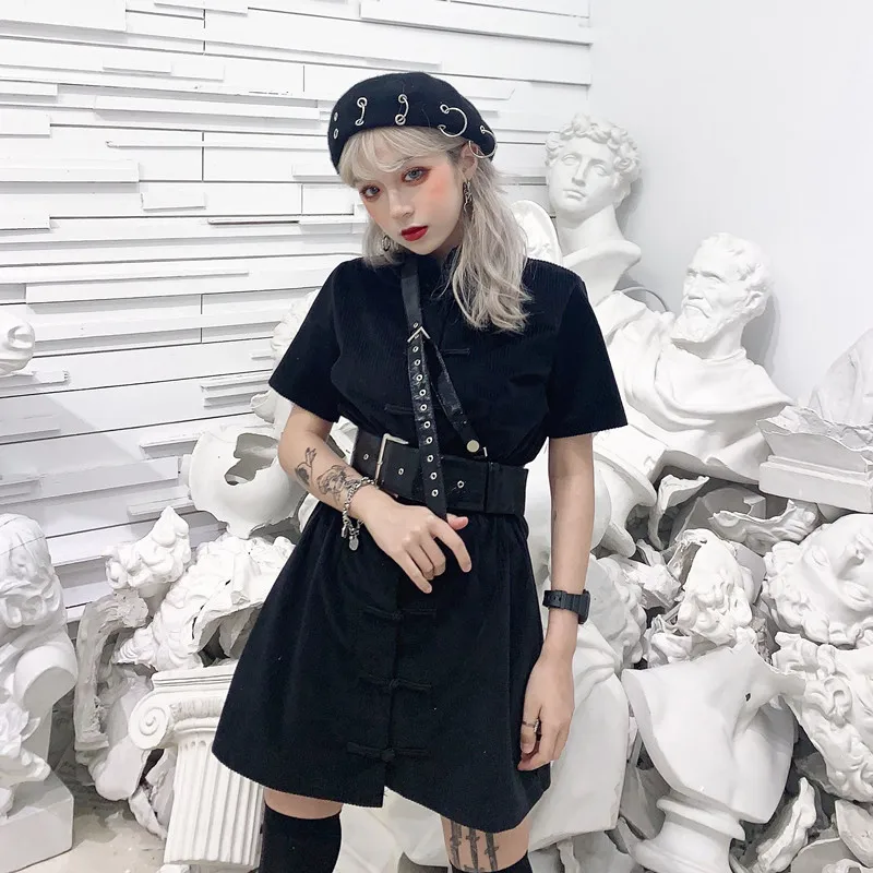 

Chinese Style Dark Dresses Women Harajuku Corduroy Short Sleeve Cheongsam Dress 2019 New Summer Fashion Streetwear Dress Female